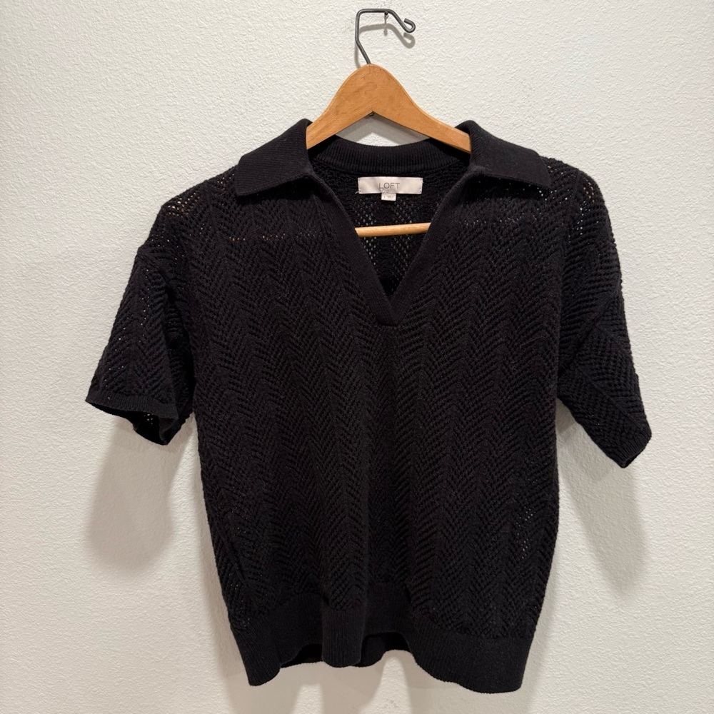 LOFT Black Open-Knit Short Sleeve Polo Top